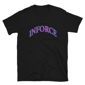 Magenta and blue curved Inforce tee